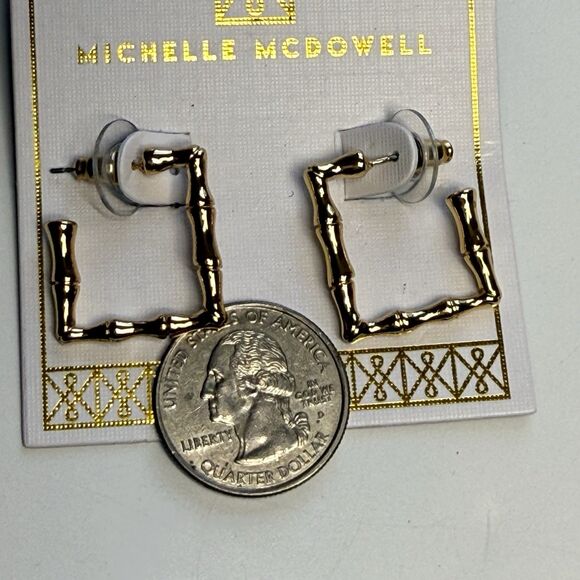 Michelle McDowell Gold Tone Bamboo Shape Metal Square Hoop Earrings New - Picture 4 of 6